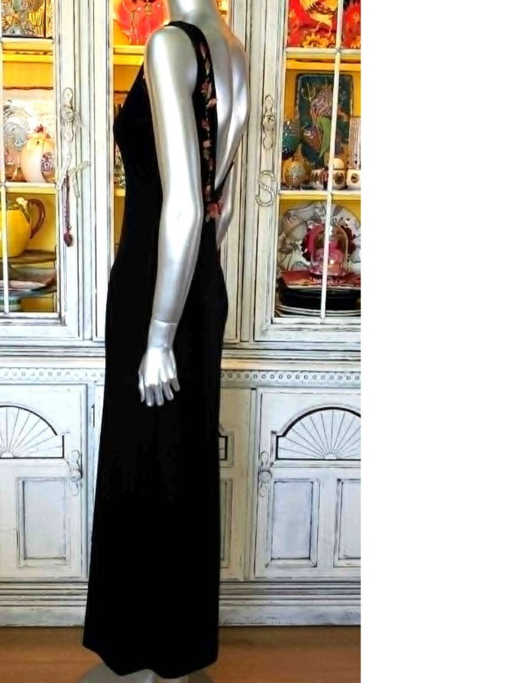 Vintage Betsey Johnson Slip Dress Evening 90s Black Velvet Backless Rose Floral - Picture 6 of 16